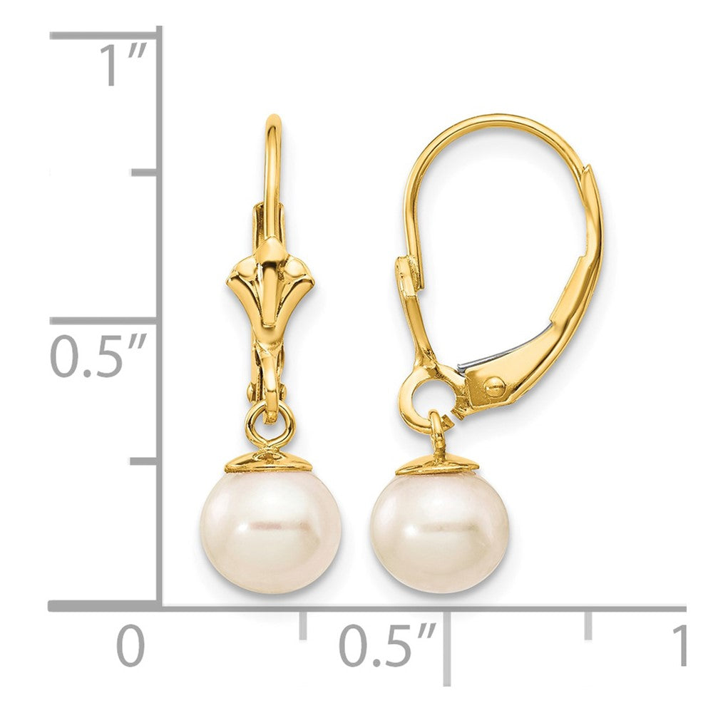 10K 6-7mm White Round Freshwater Cultured Pearl Leverback Earrings