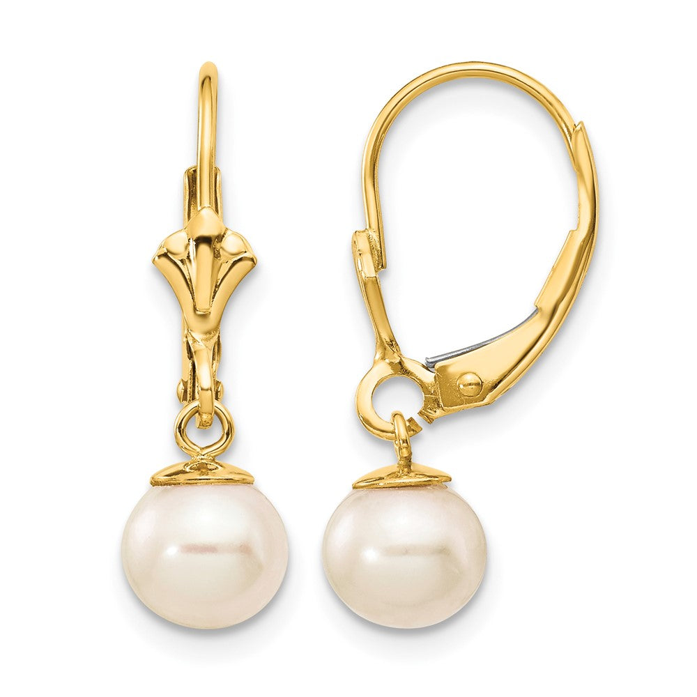 10K 6-7mm White Round Freshwater Cultured Pearl Leverback Earrings