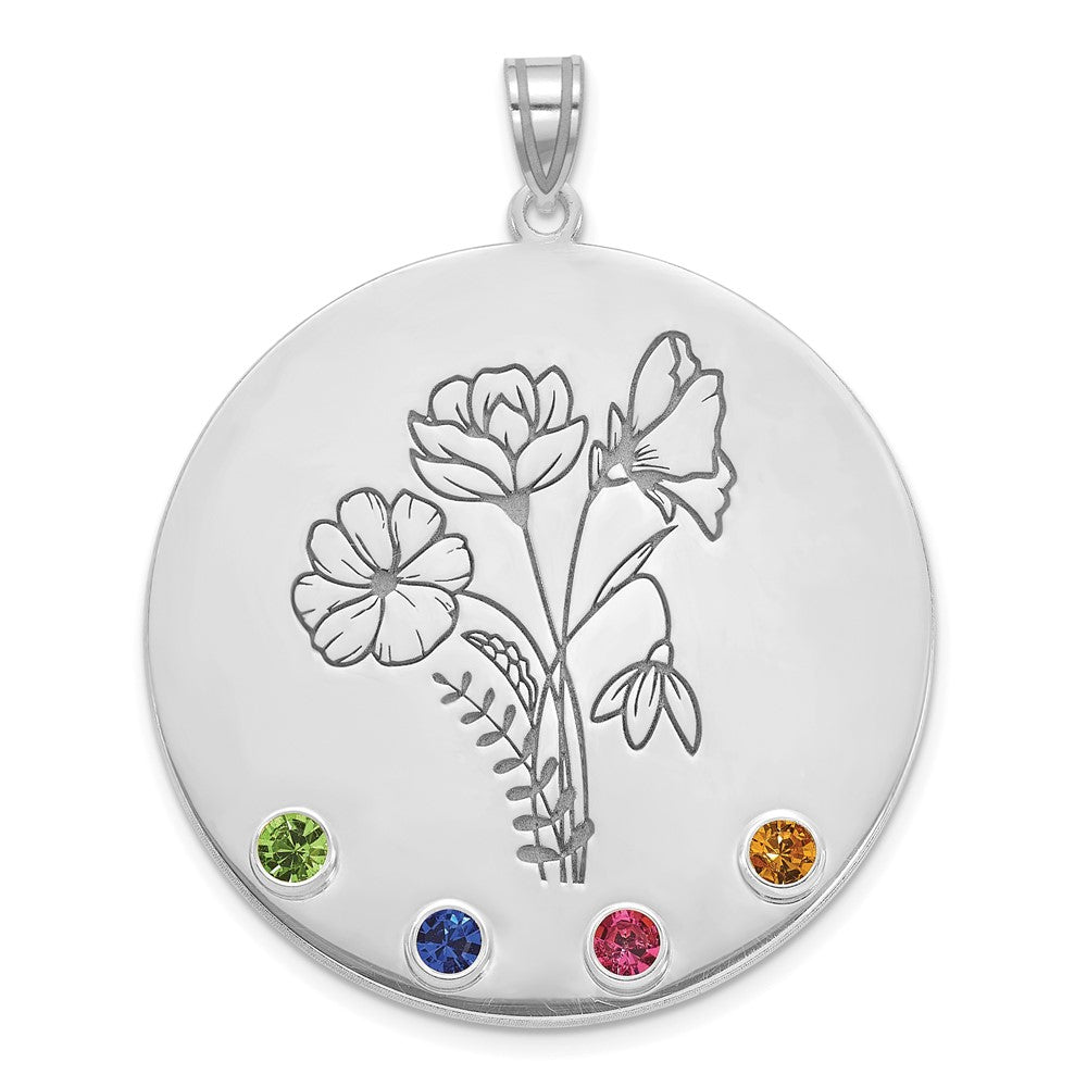 10k White Gold Circle w/4 Birth Flower and Birthstone Pendant