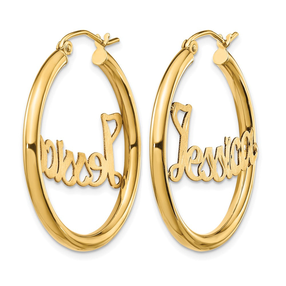 10k Yellow Gold Satin and Diamond-cut Name Plate Hoop Earrings