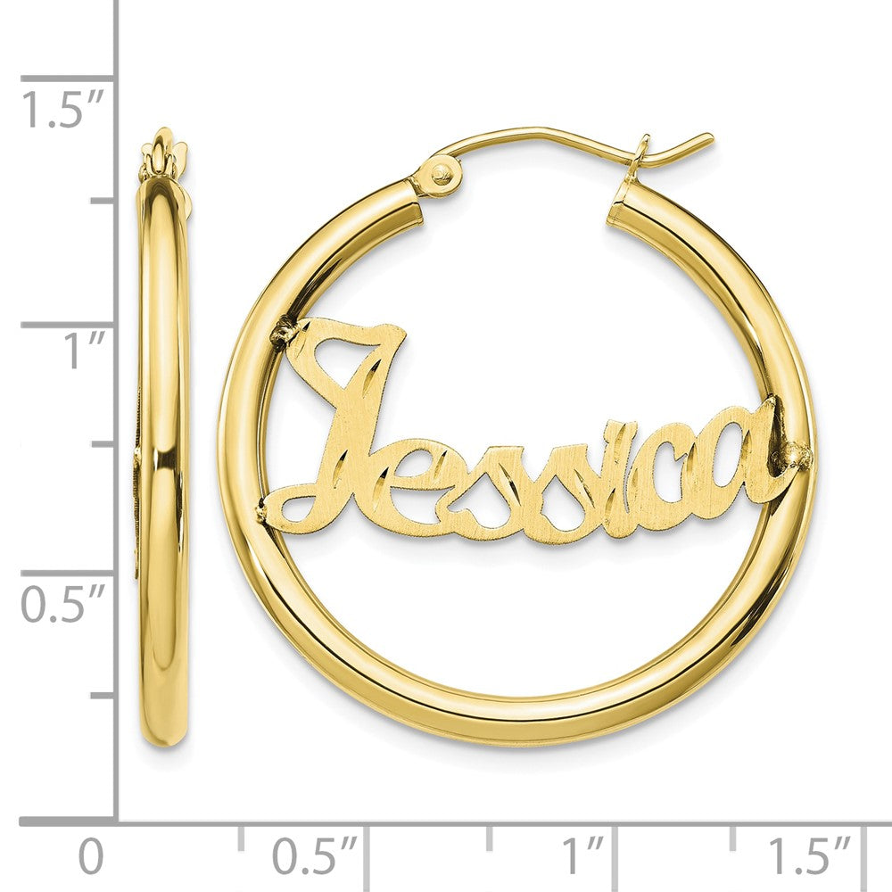 10k Yellow Gold Satin and Diamond-cut Name Plate Hoop Earrings