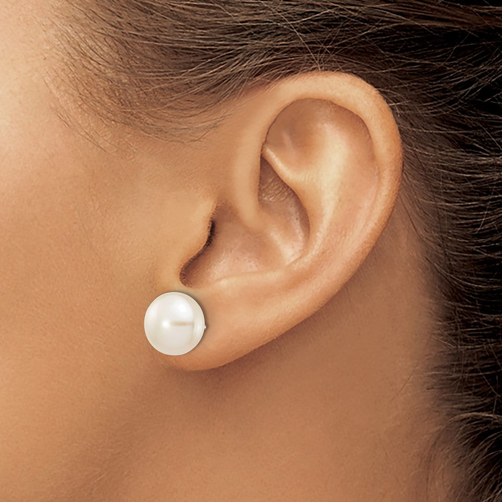 10k White Gold 10-11mmWhite Button FW Cultured Pearl Stud Post Earrings