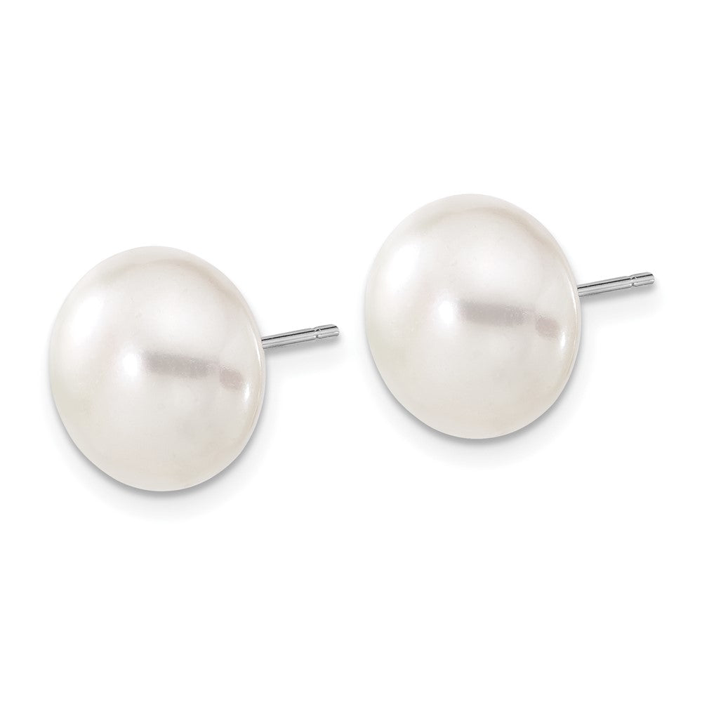10k White Gold 11-12mm White Button FW Cultured Pearl Stud Post Earrings