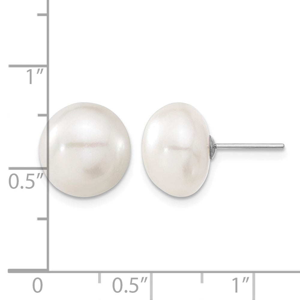 10k White Gold 11-12mm White Button FW Cultured Pearl Stud Post Earrings