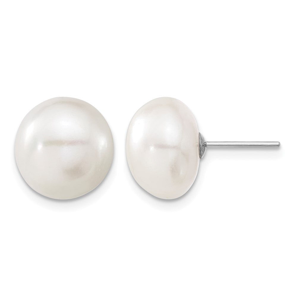 10k White Gold 11-12mm White Button FW Cultured Pearl Stud Post Earrings