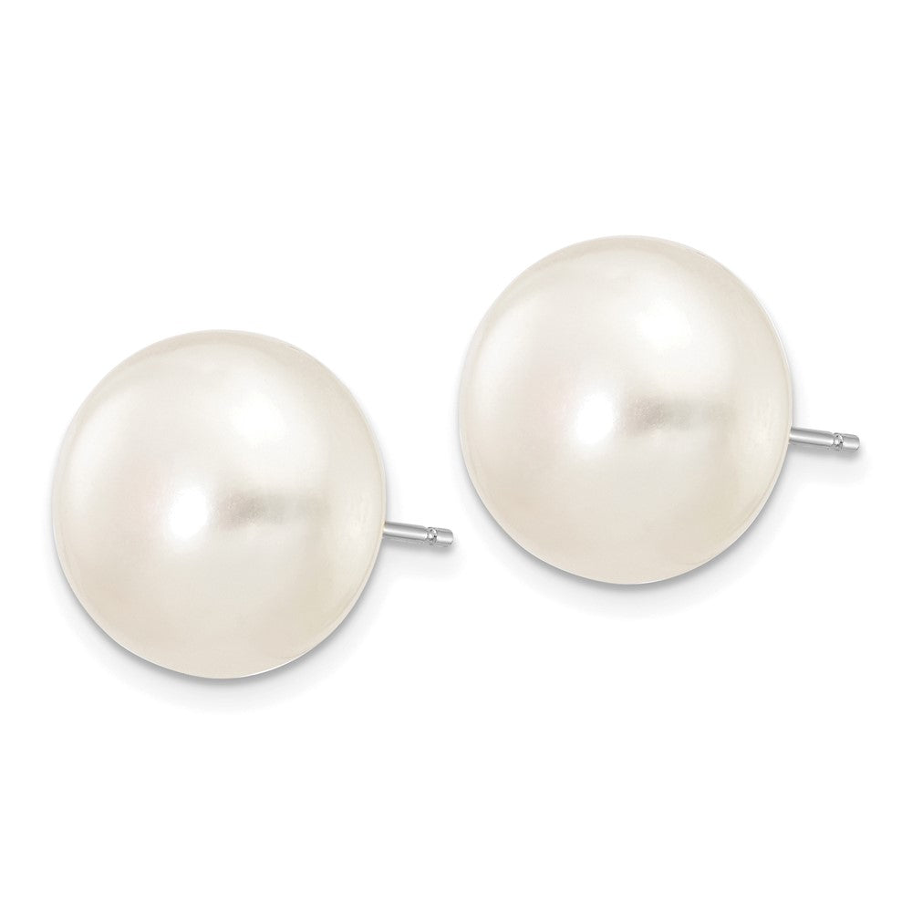 10k White Gold 12-13mm White Button FW Cultured Pearl Stud Post Earrings