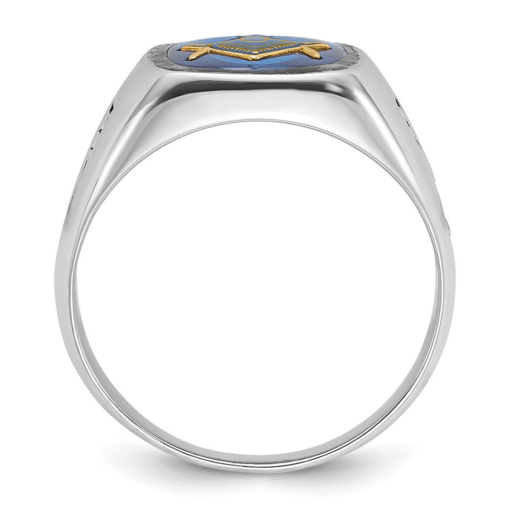 10kw Men's Grooved w/ Black Enamel & Imit. Blue Spinel Masonic Ring
