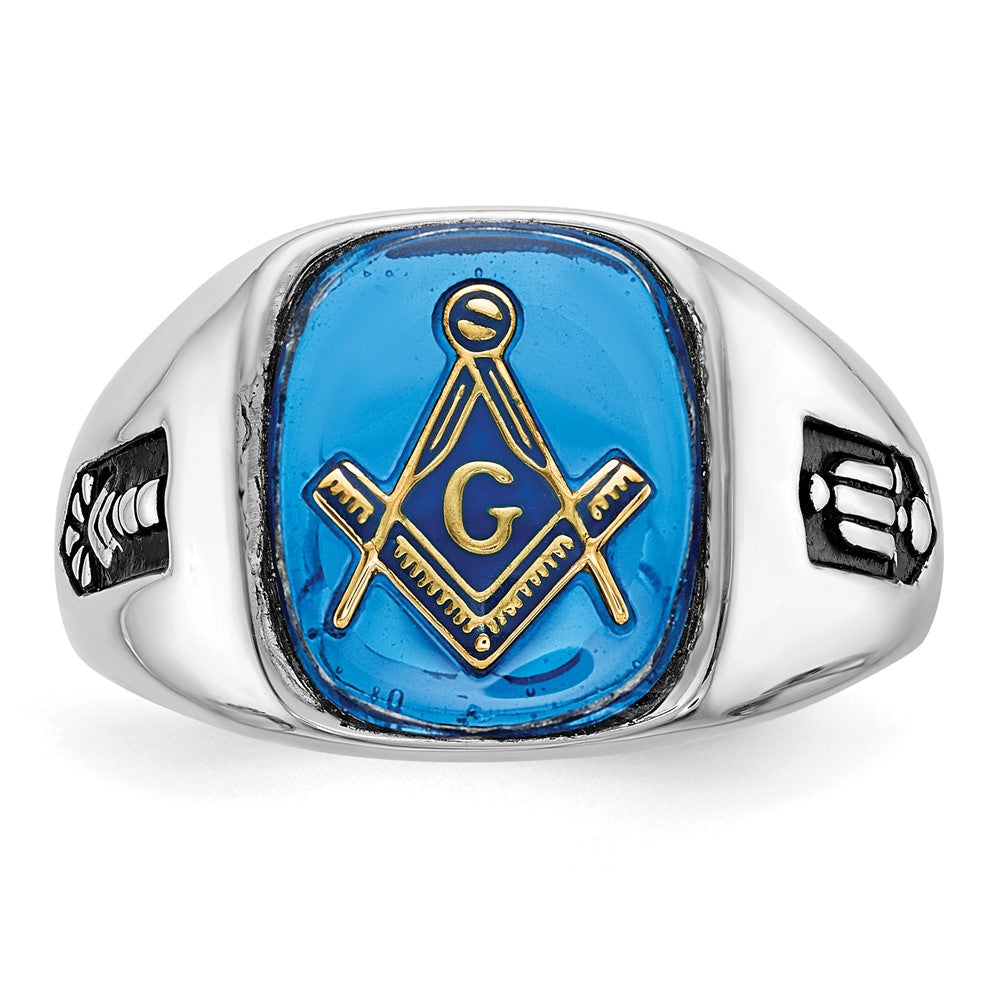 10kw Men's Grooved w/ Black Enamel & Imit. Blue Spinel Masonic Ring
