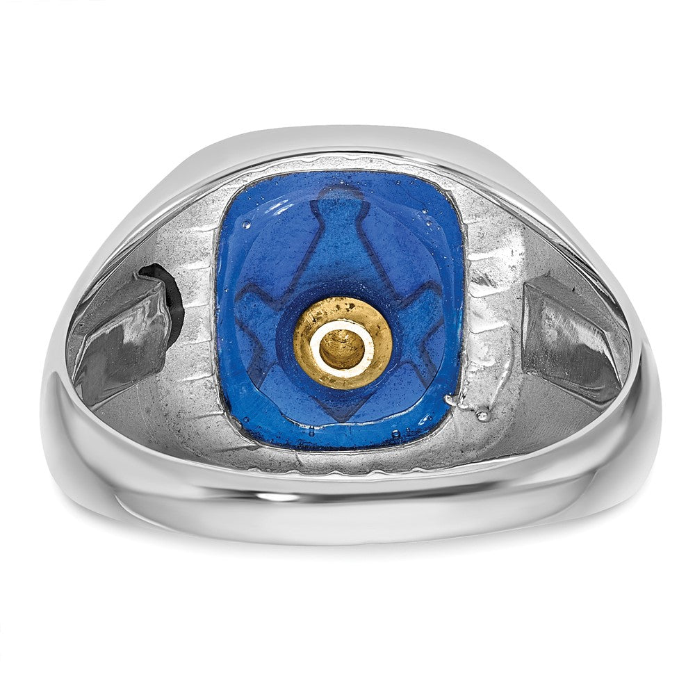 10kw Men's Grooved w/ Black Enamel & Imit. Blue Spinel Masonic Ring
