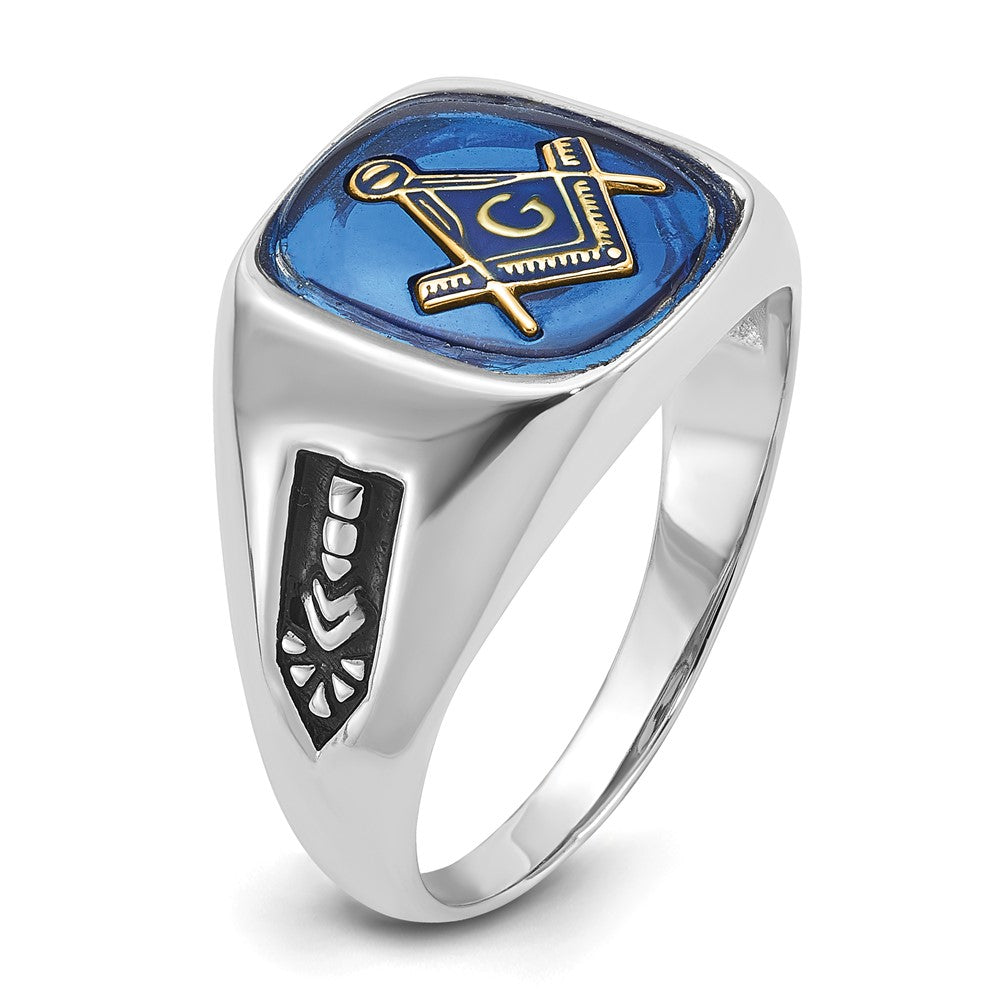 10kw Men's Grooved w/ Black Enamel & Imit. Blue Spinel Masonic Ring