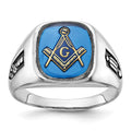 10kw Men's Grooved w/ Black Enamel & Imit. Blue Spinel Masonic Ring