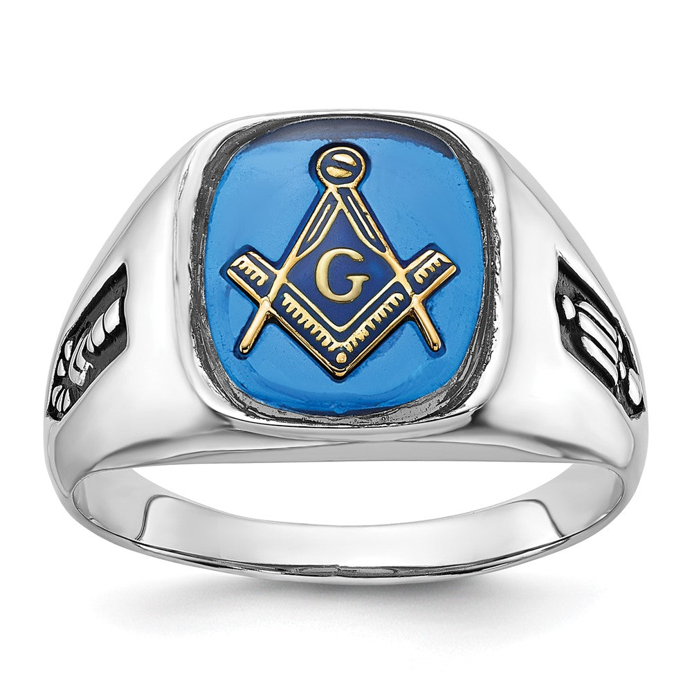 10kw Men's Grooved w/ Black Enamel & Imit. Blue Spinel Masonic Ring