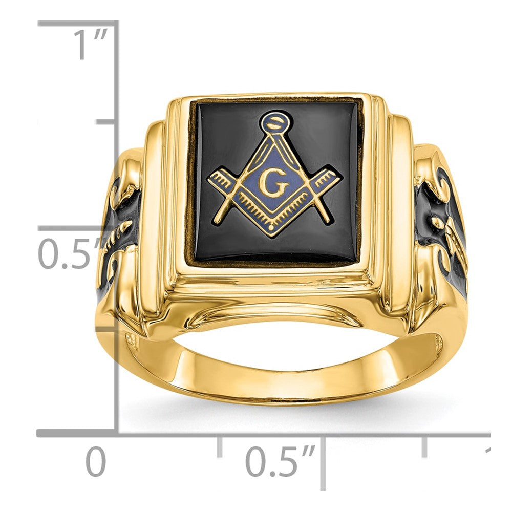 10k Men's Polished and Textured with Black Enamel and Onyx Masonic Ring
