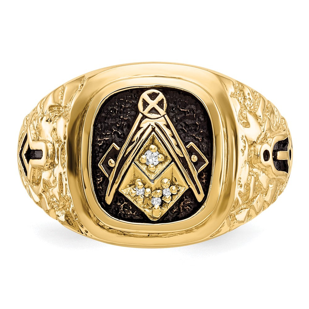 10k Polished, Antiqued and Nugget Texture Diamond Masonic Ring