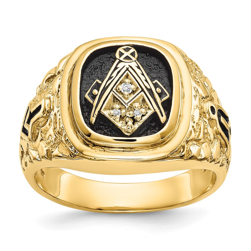 10k Polished, Antiqued and Nugget Texture Diamond Masonic Ring