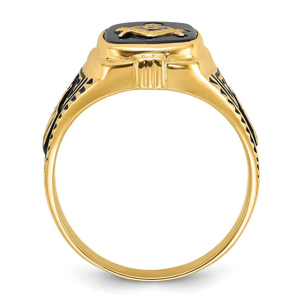 10k Men's Polished, Antiqued and Textured with Onyx Masonic Ring