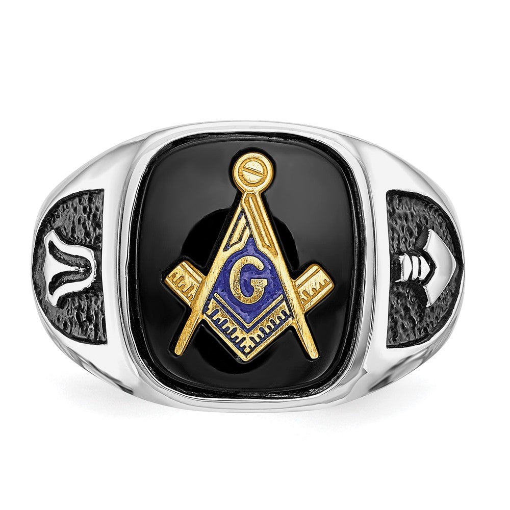 10kw & Gold-plated Men's Textured w/ Black Enamel & Onyx Masonic Ring