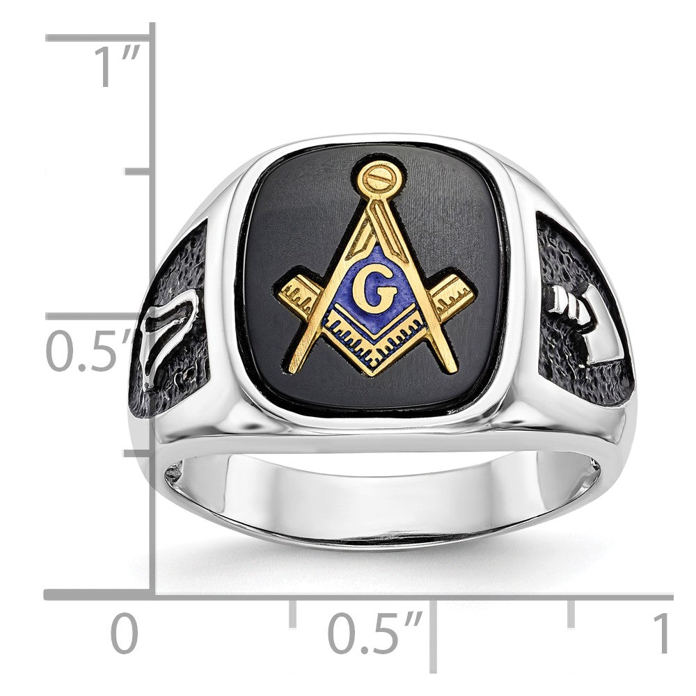 10kw & Gold-plated Men's Textured w/ Black Enamel & Onyx Masonic Ring