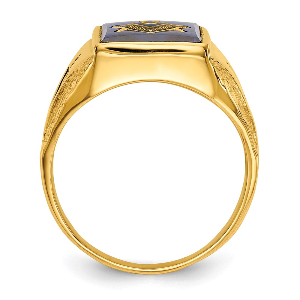 10k Men's Antiqued & Textured with Imit. Blue Spinel Masonic Ring