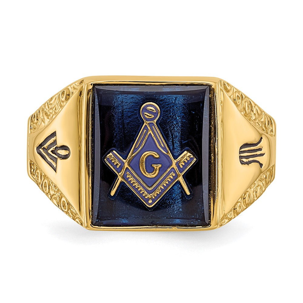 10k Men's Antiqued & Textured with Imit. Blue Spinel Masonic Ring