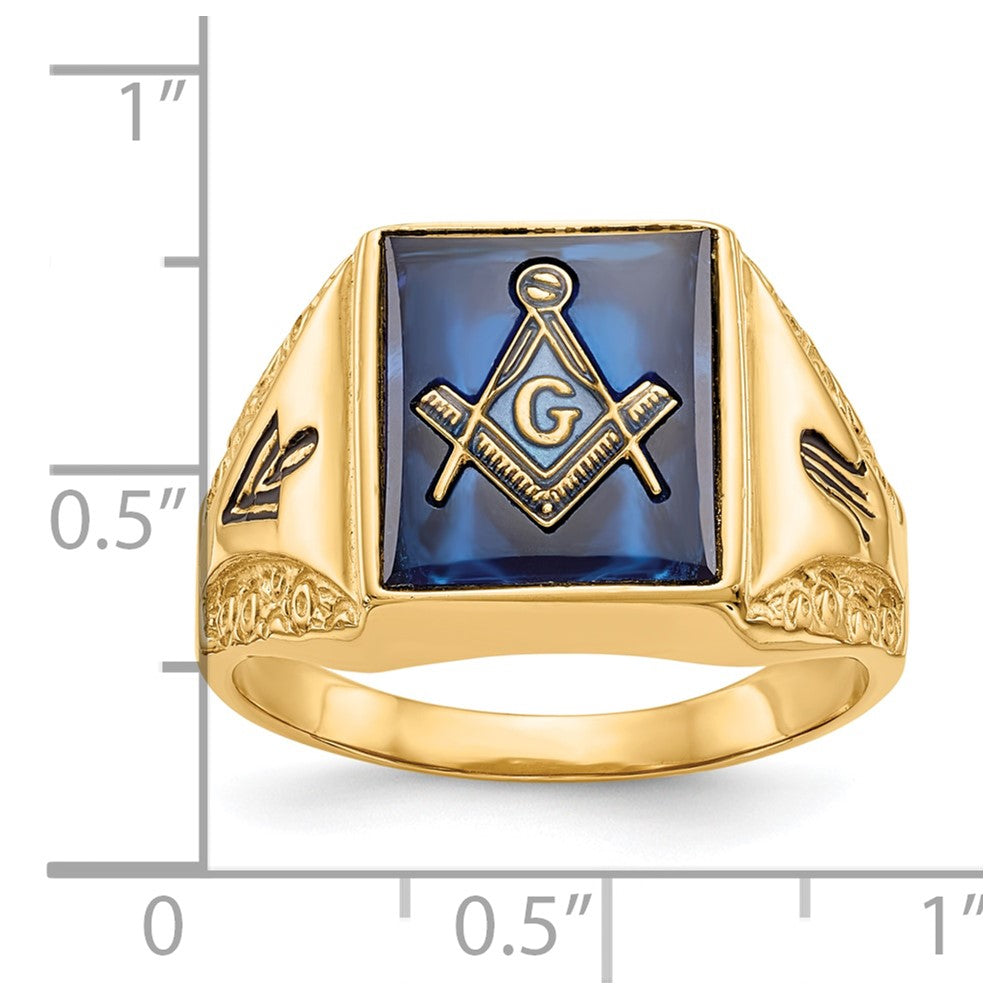 10k Men's Antiqued & Textured with Imit. Blue Spinel Masonic Ring