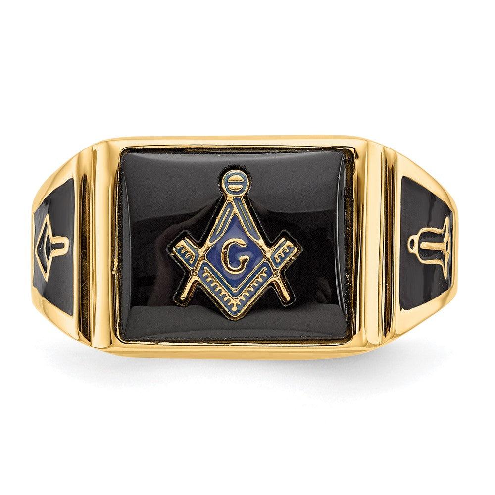 10k Men's Polished & Textured w/ Black Enamel & Onyx Masonic Ring