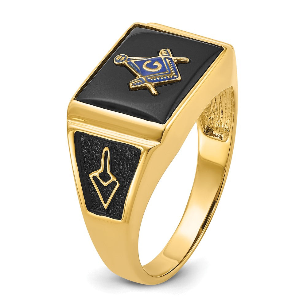 10k Men's Polished & Textured w/ Black Enamel & Onyx Masonic Ring