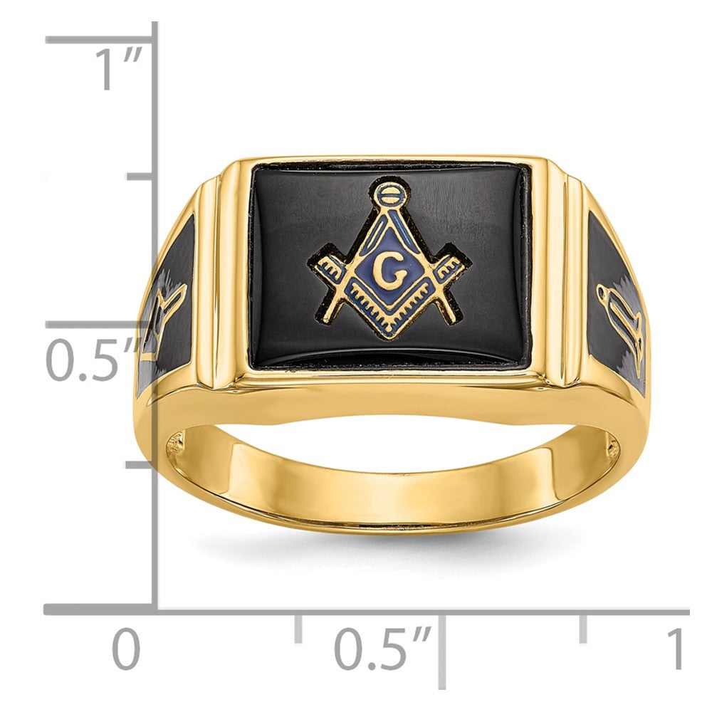 10k Men's Polished & Textured w/ Black Enamel & Onyx Masonic Ring