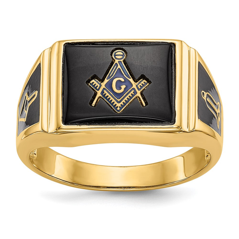 10k Men's Polished & Textured w/ Black Enamel & Onyx Masonic Ring