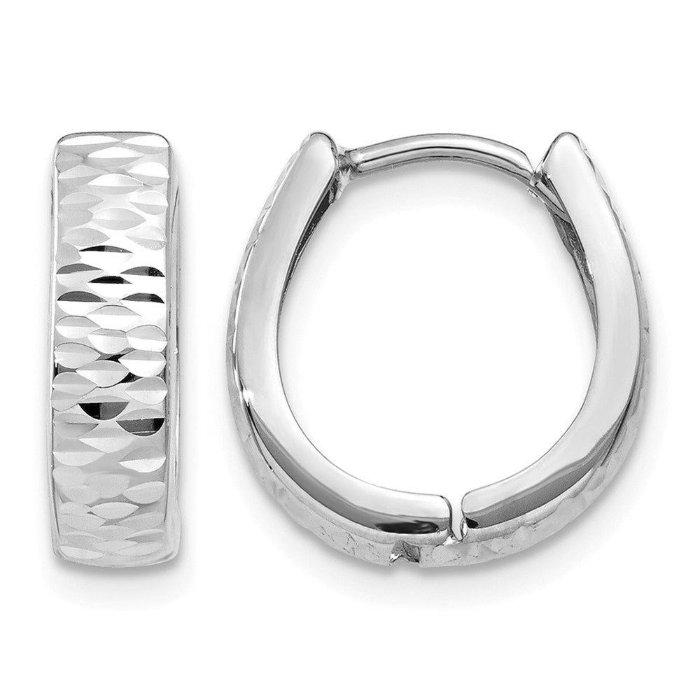 10k White Gold Textured and Polished Hinged Hoop Earrings