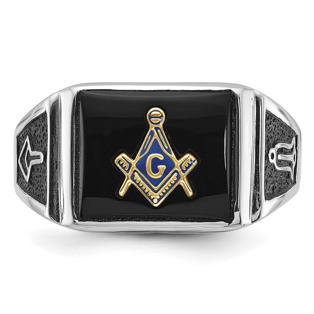 10kw Men's Polished & Textured w/ Black Enamel & Onyx Masonic Ring