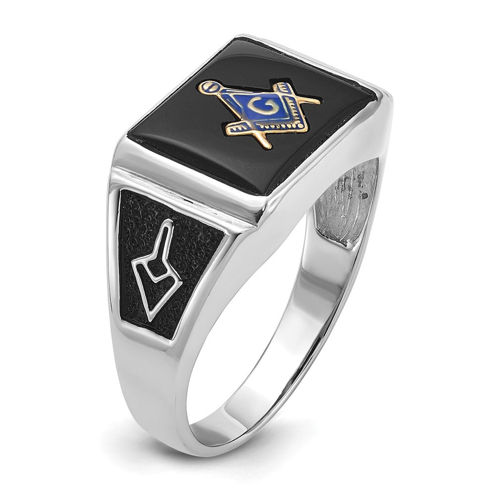 10kw Men's Polished & Textured w/ Black Enamel & Onyx Masonic Ring