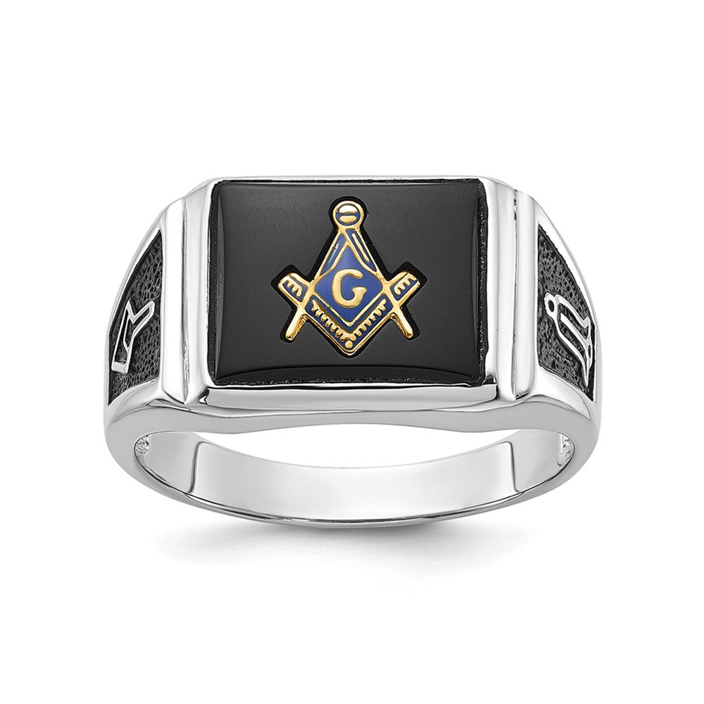 10kw Men's Polished & Textured w/ Black Enamel & Onyx Masonic Ring