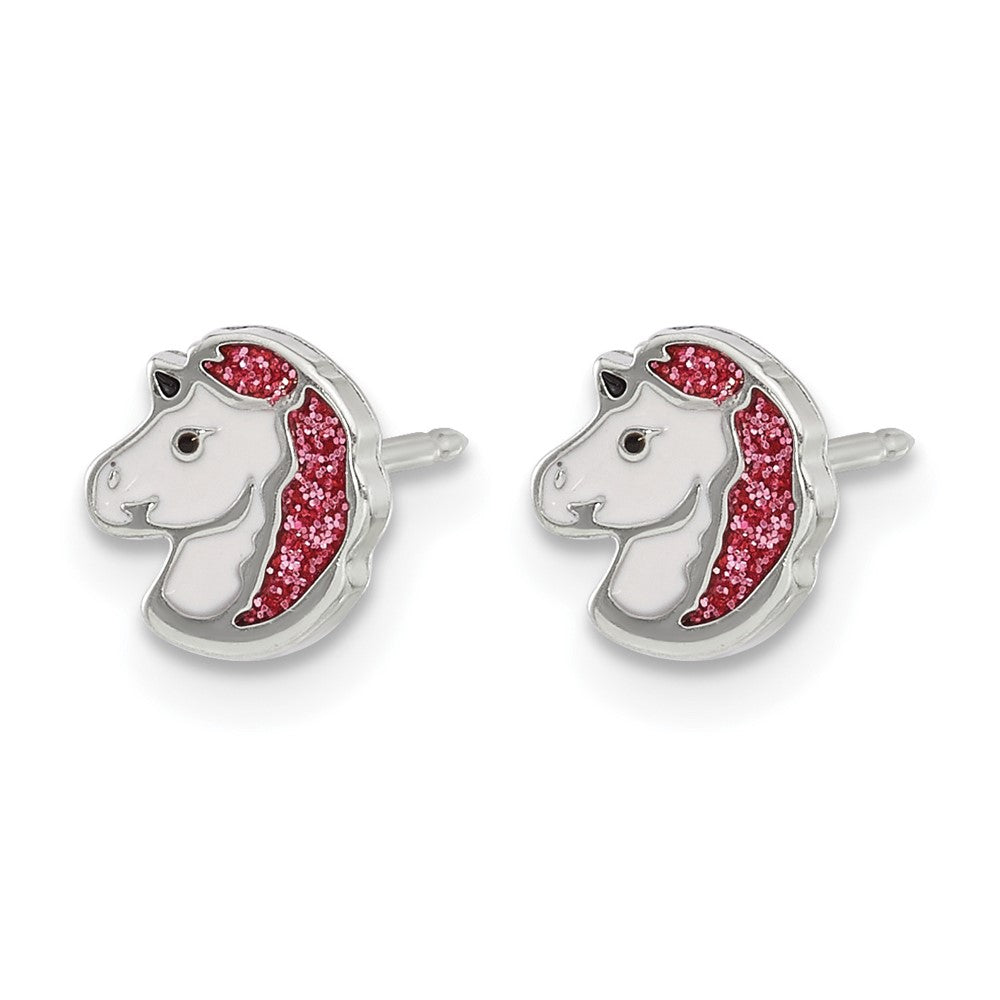 Inverness Stainless Steel White and Pink Glitter Enamel Unicorn Earrings