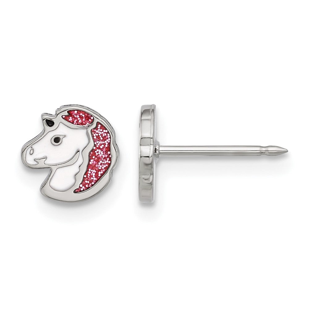 Inverness Stainless Steel White and Pink Glitter Enamel Unicorn Earrings