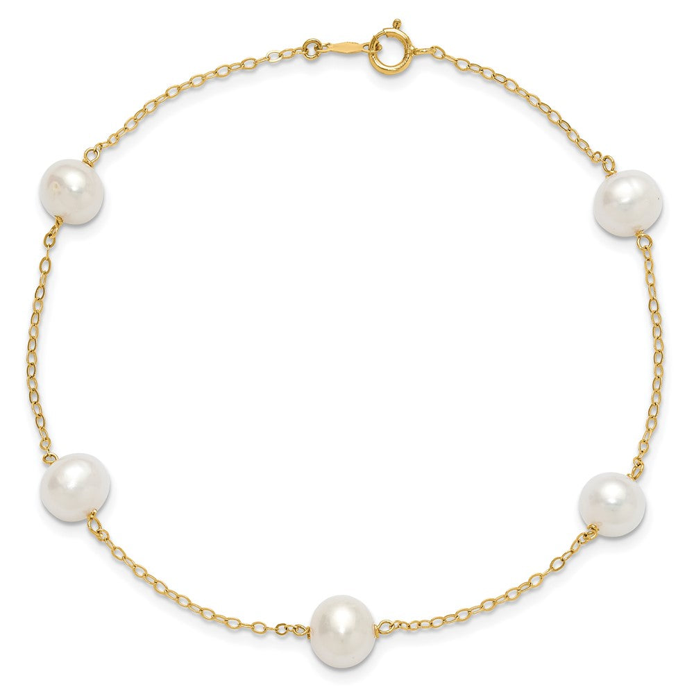 14K 7-8mm White Near Round FW Cultured Pearl 5-station Anklet