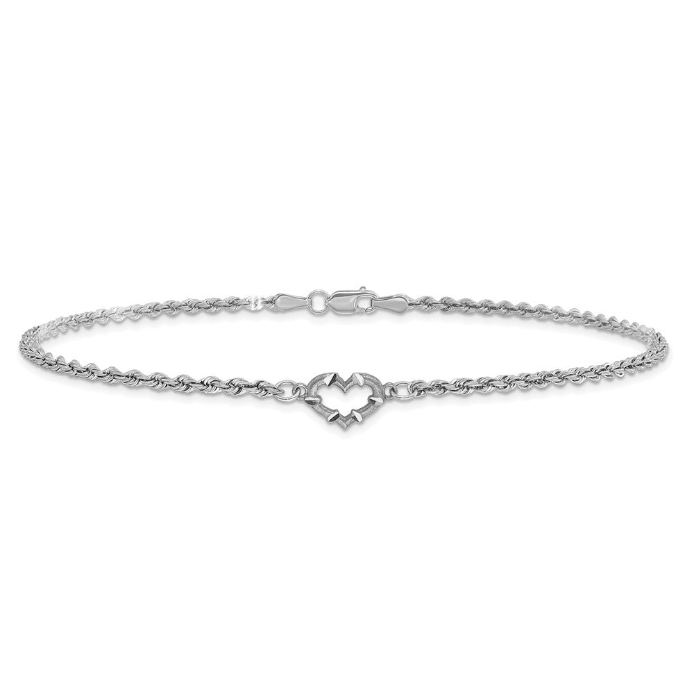 14k White Gold Diamond-cut Rope with Heart Anklet