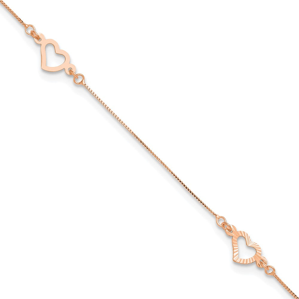 14k Rose Gold Adjustable Fancy Heart 9in Plus 1in Ext. Anklet