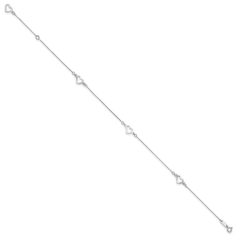 14K White Gold Fancy Heart 9in Plus 1in ext. Anklet