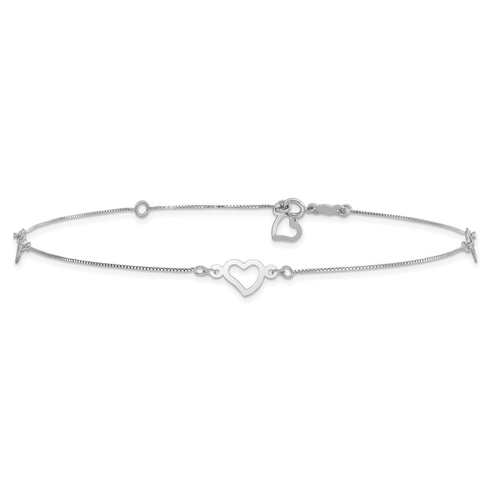 14K White Gold Fancy Heart 9in Plus 1in ext. Anklet