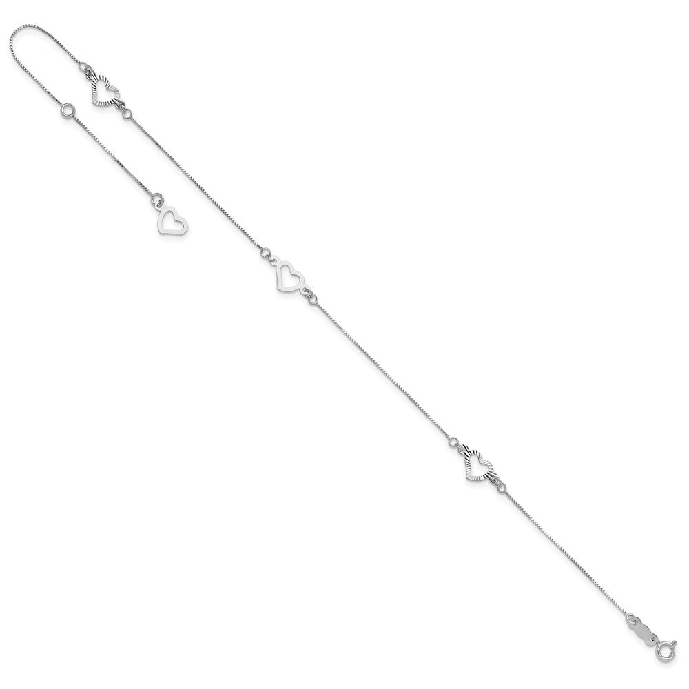 14K White Gold Fancy Heart 9in Plus 1in ext. Anklet