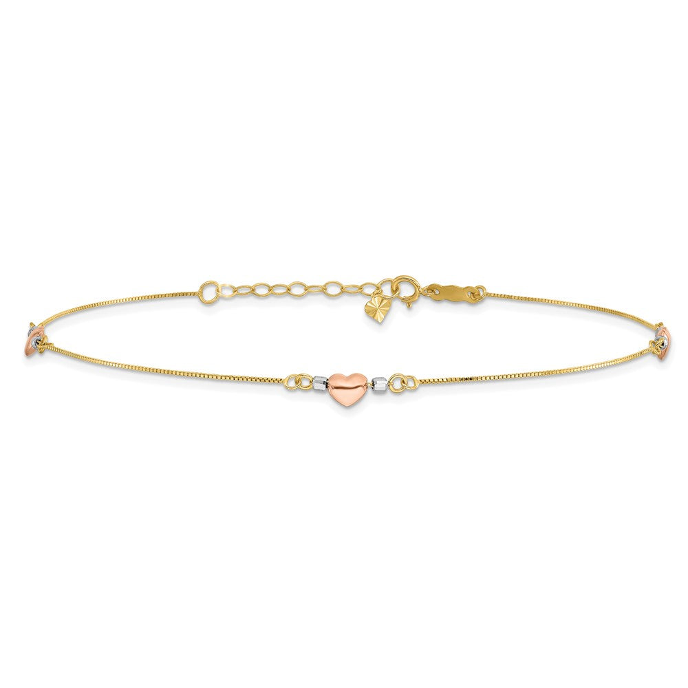 14k Tri-Color Puffed Heart Plus ext Anklet