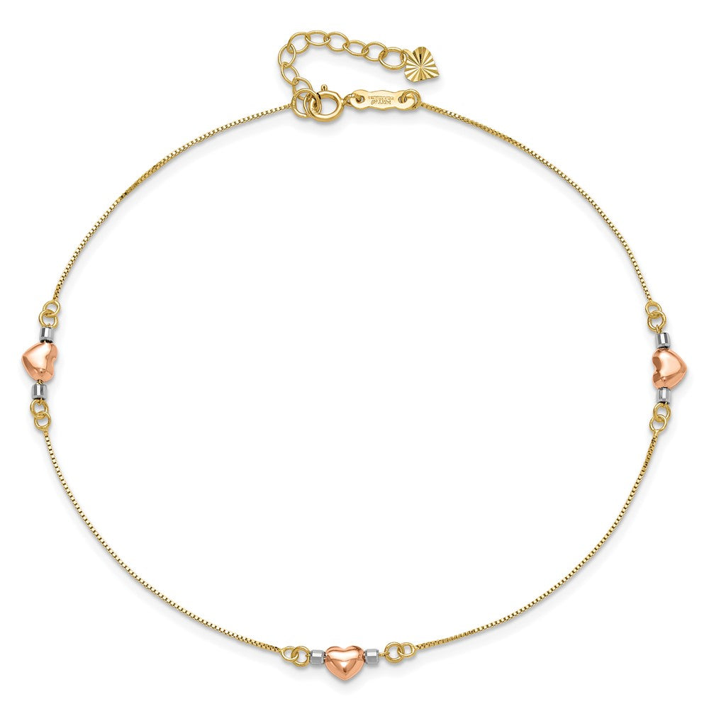 14k Tri-Color Puffed Heart Plus ext Anklet