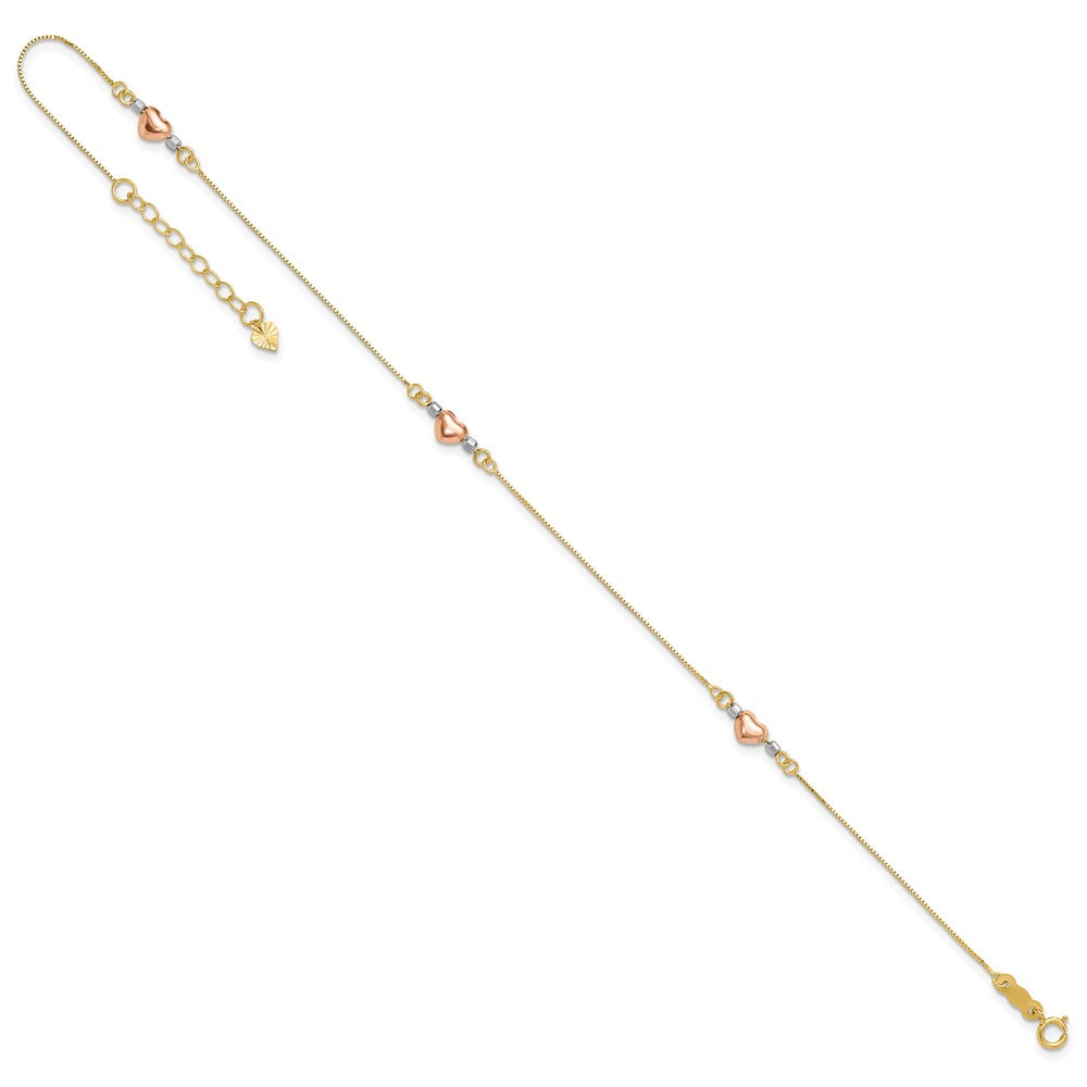 14k Tri-Color Puffed Heart Plus ext Anklet
