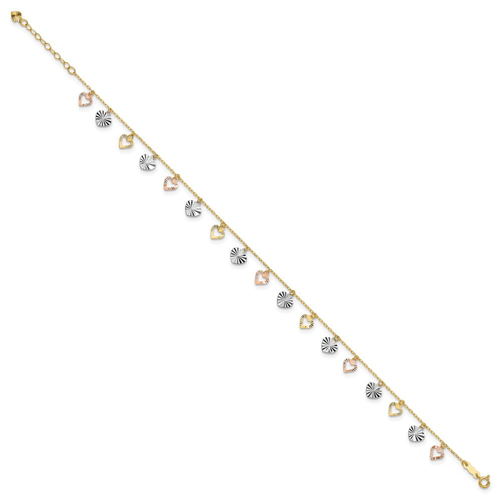 14K Tri-Color Heart 9in Plus 1in ext Anklet