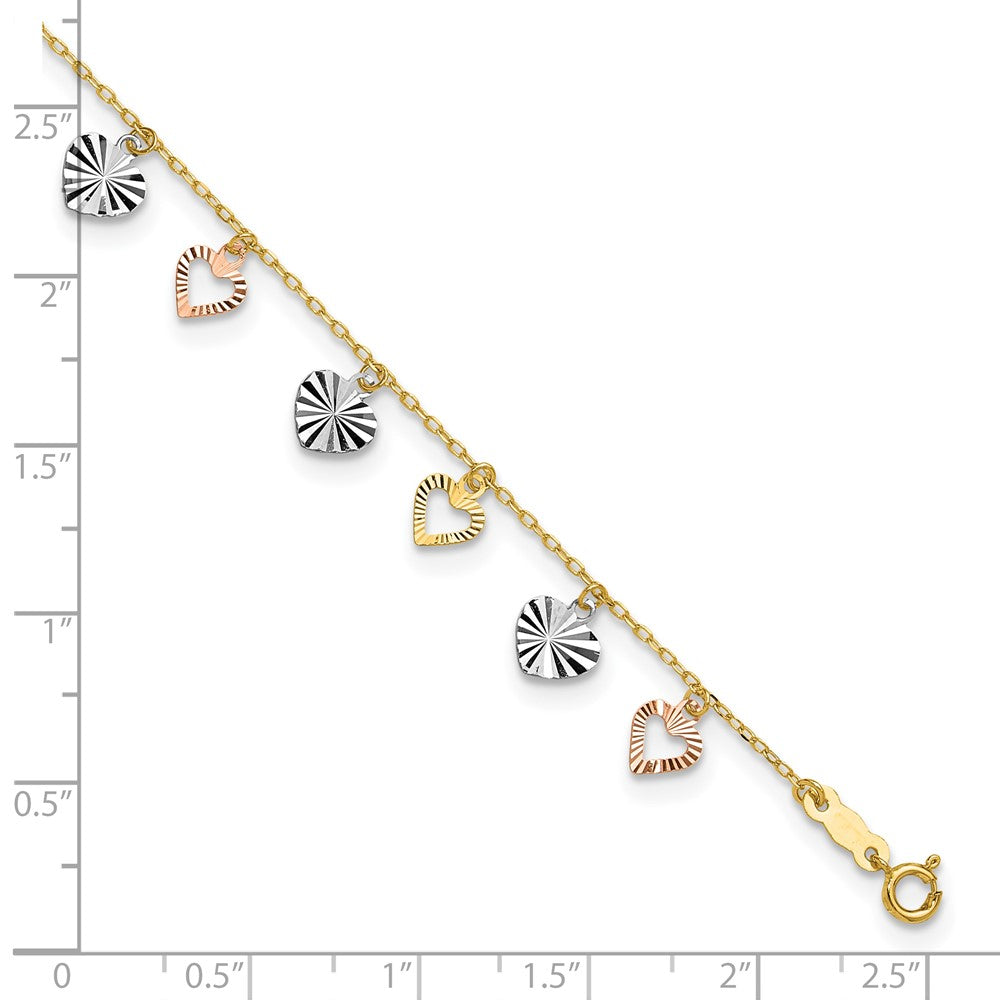14K Tri-Color Heart 9in Plus 1in ext Anklet