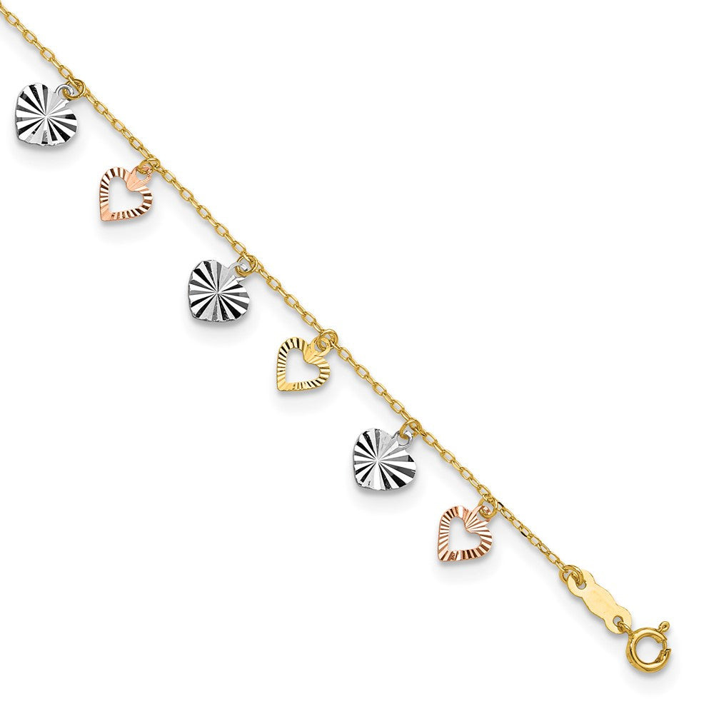 14K Tri-Color Heart 9in Plus 1in ext Anklet