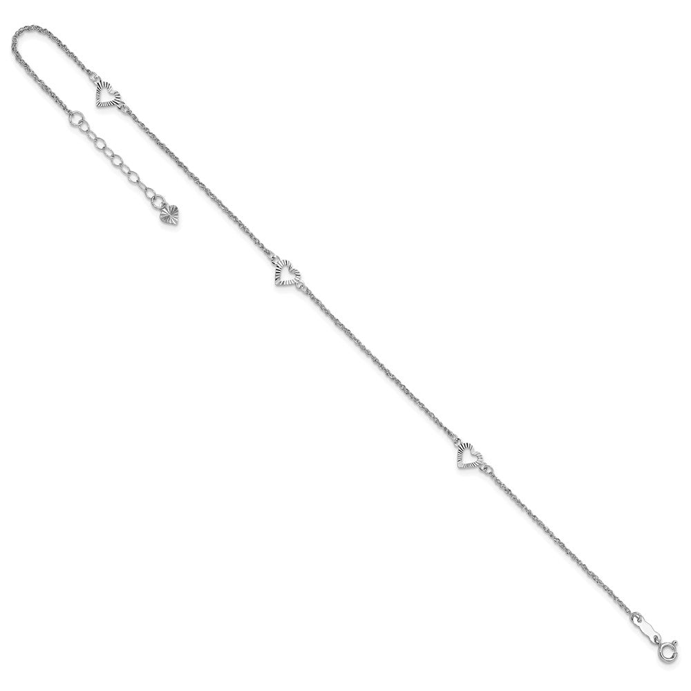 14k White Gold Diamond-cut Hearts 9in Plus 1in ext Anklet