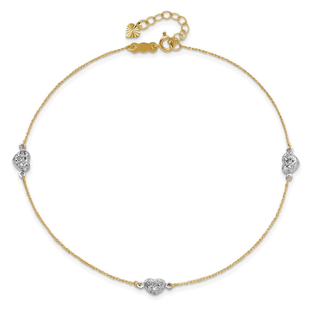 14k Two-tone Puff Heart Plus ext Anklet