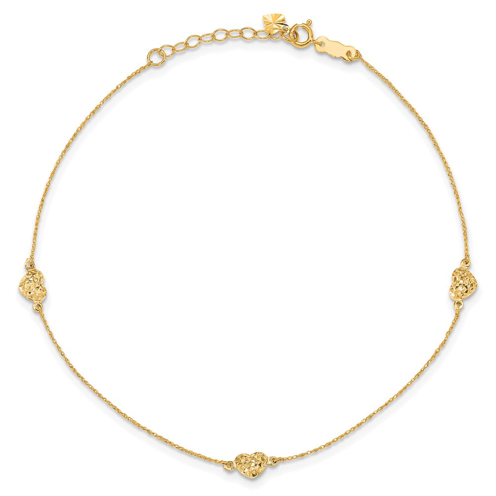 14k Puff Heart 9in Plus 1in ext. Anklet